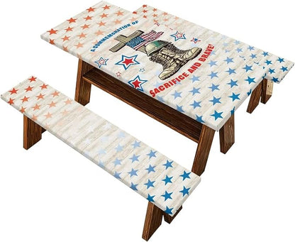 Memorial Day Outdoor Picnic Table Cover Cemetery Decorations Outdoor 3 PCS Set Fitted Picnic Table Cover for Outdoor Camping