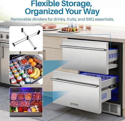 24 Inch Outdoor Drawer Refrigerator, 154 Cans Drawer Beverage Fridge, Freestanding or Built-In Outdoor Beverage Refrigerator with Stainless Steel Drawers for Kitchen, Patio, Home Bar