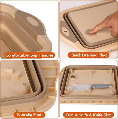 QiMH Collapsible BBQ Prep Tub, Picnic Basket with Lid, Foldable Dish Basin, Food Grade Silicone Cutting Board for Washing and Draining Veggies and Fruits, Portable for Camping, Traveling, and Kitchen