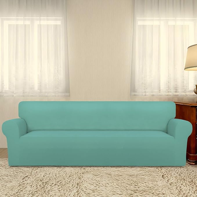 PureFit Stretch Couch Covers for Sofa 4 Seater Slipcovers Cyan | 1-Piece Sofa Cover Washable Soft Couch protector, Couch Slipcover with Non Skid Foam and Elastic Bottom for Kids, Dogs