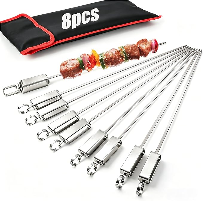 16.5" Skewers for Grilling with Push Bar, Flat Metal Kabob Skewers, Reusable Stainless Steel BBQ Skewers, Heavy Duty Shish Kebab Skewers for Outdoor Camping Grill Kitchen Cooking