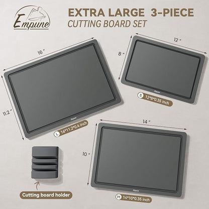 Empune 3-Piece Plastic Cutting Boards for Kitchen - Thick & Non-Slip Chopping Board Set with Juice Grooves, Dishwasher Safe, BPA Free, Includes Large & Small Sizes, Gray