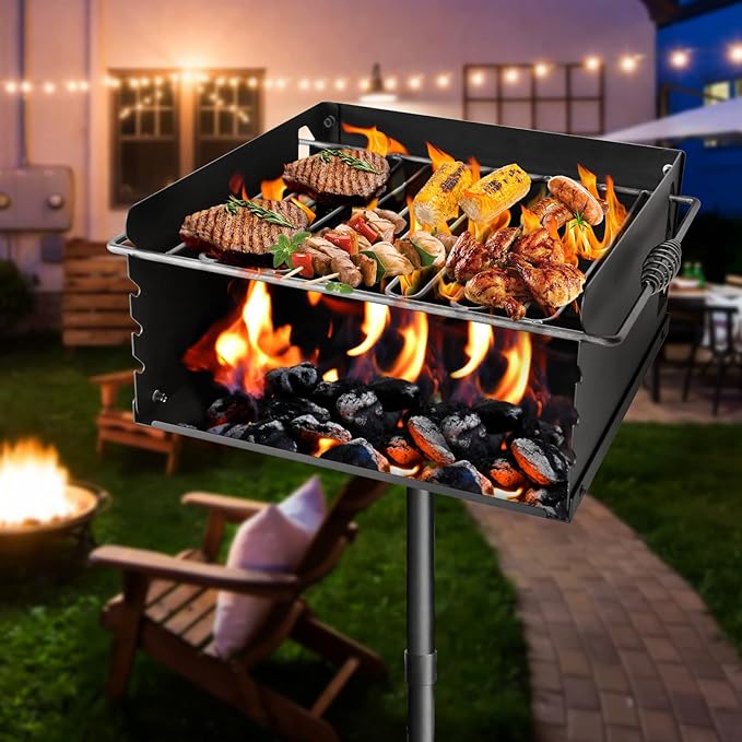 16x16x8 Inch Heavy Duty Steel Park-Style Charcoal Grill, Outdoor BBQ Grill for BBQ, Camping, Backyard