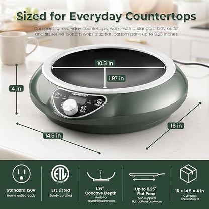 1700W 120V Concave Induction Wok Cooktop, 9.25-Inch Coil, Steady Low-Heat Control, 16 Power Levels, ETL Listed Portable Countertop Burner for Round-Bottom Woks & Flat-Bottom Pans