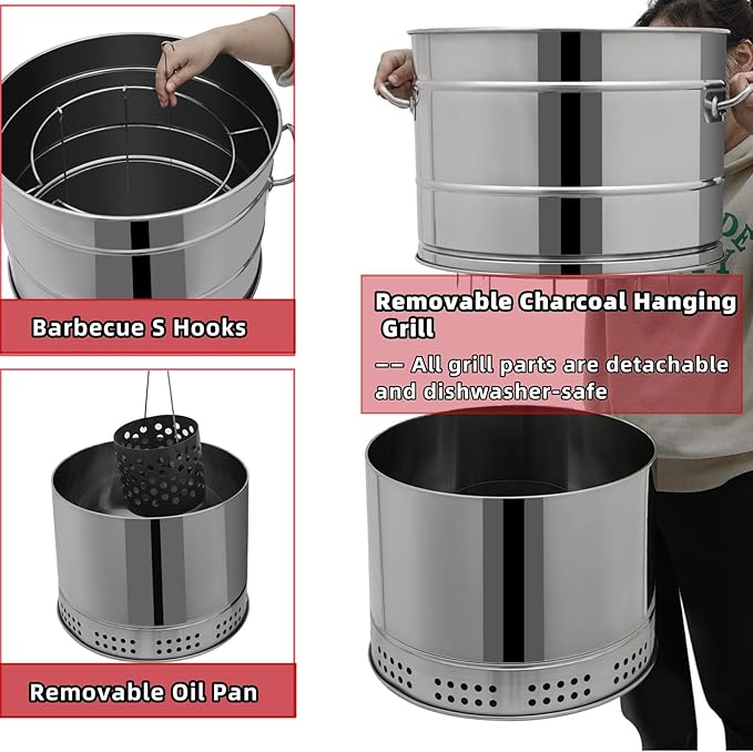 Large Portable Charcoal Grills, Stainless BBQ Grill Barrel, 360° Smokeless Outdoor Barbecue Grill for Travel Camping Grill Outdoor Cooking Picnic Patio Backyard (50 Skewers)