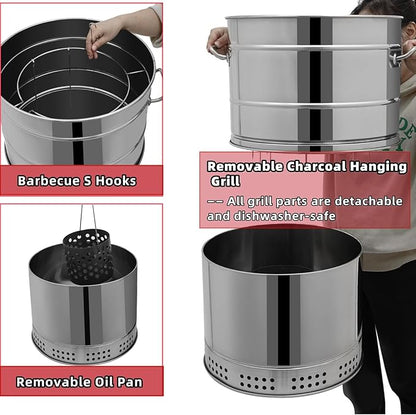 Large Portable Charcoal Grills, Stainless BBQ Grill Barrel, 360° Smokeless Outdoor Barbecue Grill for Travel Camping Grill Outdoor Cooking Picnic Patio Backyard (50 Skewers)