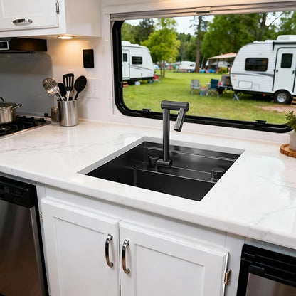 RV Kitchen Sink 13x15 Inch with Foldable Faucet, Nano Black 16 Gauge Stainless Steel Undermount Workstation Sink with Cutting Board Cover, Bottom Grid & Drain Kit