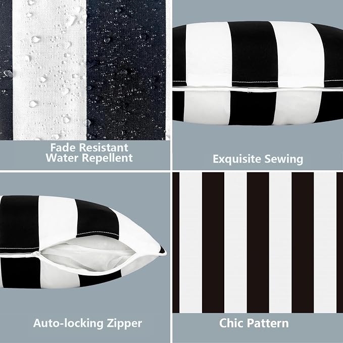 LVTXIII 2 Pack Outdoor Lumbar Pillow Covers 12x20 Inch with Piping, Water-Repellent Back Cushion Covers ONLY for Patio Furniture, Sofa, Garden Bench, Cabana Black