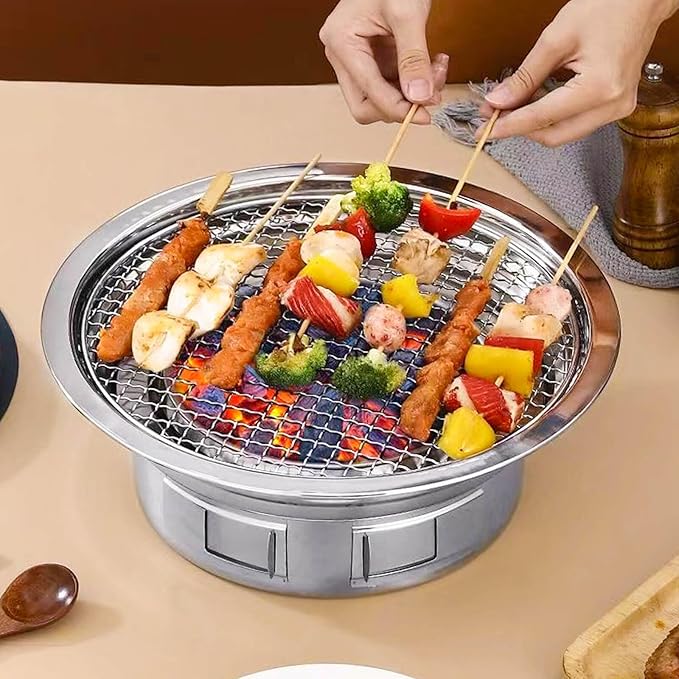Portable Korean Style Stainless-Steel Barbecue Grill, Charcoal BBQ Round Grill Stove for Outdoor Camping, Picnicking & Parties 1~4 People, 13.8" DIA