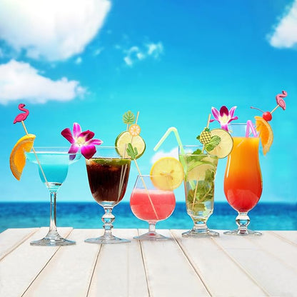 150 PCS Hawaiian Cocktail Appetizer Picks Tropical Toothpicks Party Decorations Drinks Umbrella Bamboo Charcuterie Skewers Flamingo Palm Leaf Pineapple Cactus Sticks Food Luau Hawaii Beach