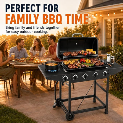 4-Burner Outdoor Propane Gas Grill with Side Burner, 42,000 BTU, Porcelain-Enameled Grates, 534 Sq. In. Cooking Area, Piezo Ignition and Wheels