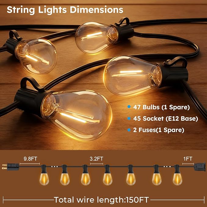 GvvooHome LED Outdoor String Lights, 150FT Waterproof Patio Lights with 47 Shatterproof S11 Plastic Bulbs, 2700K Warm White Edison Hanging Lights for Backyard, Garden, Porch, Bistro
