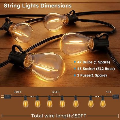GvvooHome LED Outdoor String Lights, 150FT Waterproof Patio Lights with 47 Shatterproof S11 Plastic Bulbs, 2700K Warm White Edison Hanging Lights for Backyard, Garden, Porch, Bistro