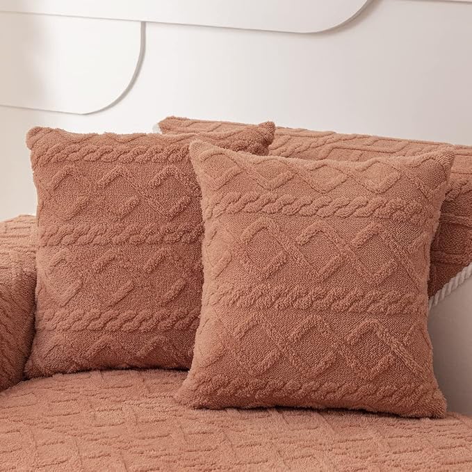 vctops Pack of 2 Geometric Jacquard Plush Throw Pillow Covers for Couch Bed Sofa Farmhouse Neutral Solid Color Soft Cushion Covers (Orange,18"x18")