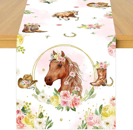Floral Horse Theme Table Runner, Western Cowgirl Linen Fabric Table Runner for Everyday Use 72 x 13 Inches, Washable Table Cover for Indoor Outdoor Kitchen Dining Table Home Decorations