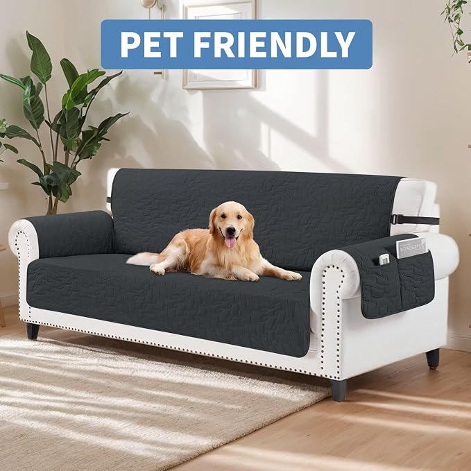 CUCRAF Non Slip Quilted Sofa Cover, Water Resistant Slipcover Furniture Protector for 3 Cushion Sofa Pet Friendly, Washable Couch Cover with Adjustable Elastic Straps (X-Large, Black)