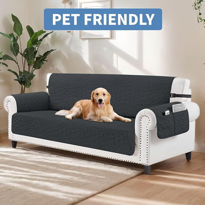 CUCRAF Non Slip Quilted Sofa Cover, Water Resistant Slipcover Furniture Protector for 3 Cushion Sofa Pet Friendly, Washable Couch Cover with Adjustable Elastic Straps (X-Large, Black)
