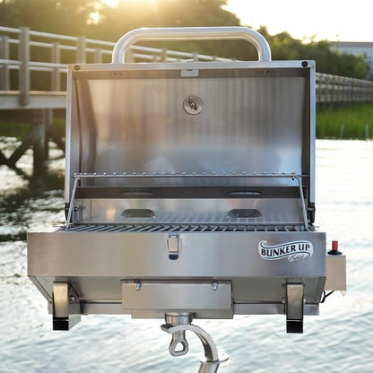 Bunker Up Fishin Stainless Steel Boat Grill with Rod Holder Mount - Great for Boating and Camping - Portable Tabletop BBQ Grill, 12000 BTU Burner, 277 sq.in Grilling Space and 87 sq.in Warming Rack