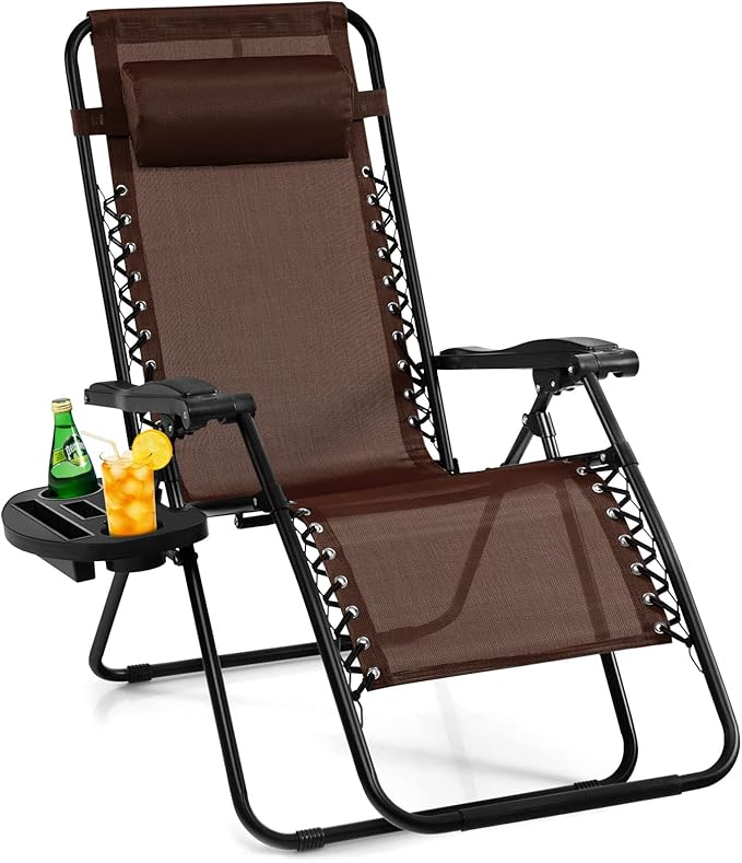 Giantex Zero Gravity Reclining Chair, Outdoor Patio Recliner with Cup Holder & Removable Pillow, Adjustable Backrest, Indoor Lounge Chair for Backyard, Garden, Poolside (Brown)