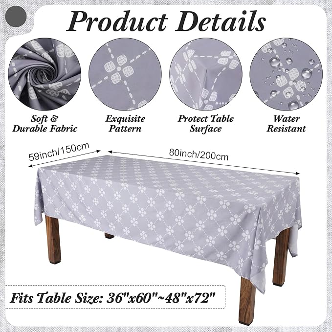 7 Pcs Gray Floral Tablecloth and Chair Covers Set Waterproof Vintage Farmhouse Rectangular Table Cover with Stretch Chair Slipcovers for Dining Room Patio Parties