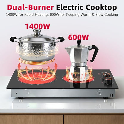 2 Burner Electric Cooktop 110v Hobsir, 2000W Electric Stove Top Burner 12 Inch, 9 Power Levels, Knob & Touch Control, Plug in Cooktop 120v, 99 Mins Timer, Safety Lock, Automatic shutdown