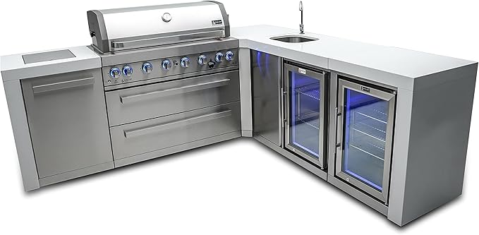 Mont Alpi Premium 94"W x 88"D Deluxe Stainless Steel Modular L-shaped Outdoor Kitchen Island with 2 Refrigerators + Beverage Center Faucet & Sink + 44"W 6-Burner BBQ Grill + Storage Cabinets & Drawers