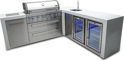 Mont Alpi Premium 94"W x 88"D Deluxe Stainless Steel Modular L-shaped Outdoor Kitchen Island with 2 Refrigerators + Beverage Center Faucet & Sink + 44"W 6-Burner BBQ Grill + Storage Cabinets & Drawers