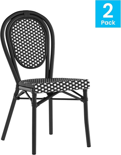 Flash Furniture Lourdes Indoor/Outdoor Commercial Thonet Bistro Stack Chair - Black/White PE Rattan Back and Seat - Black Metal Frame - Set of 2