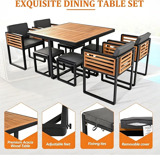 Merax 9-Piece Patio Dining Set for 8 People, Acacia Wood Outdoor Furniture Sets with 1 Square Table, 4 Cushioned Chairs and 4 Ottomans for Backyard, Garden, Lawn, Poolside, Space Saving Design, Gray