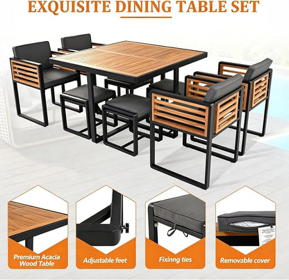 Merax 18-Piece Patio Dining Set for 16 People, Acacia Wood Outdoor Furniture Sets with 2 Square Tables, 8 Cushioned Chairs and 8 Ottomans for Backyard, Garden, Lawn, Poolside, Space Saving Design,Gray