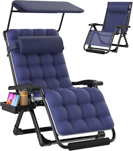 Suteck Zero Gravity Chair with Canopy, 29In XL Oversized Lounge Chairs | w/Removable Cushion&Headrest, Upgraded Lock and Footrest, Folding Reclining Patio Chairs Recliner for Indoor Outdoor