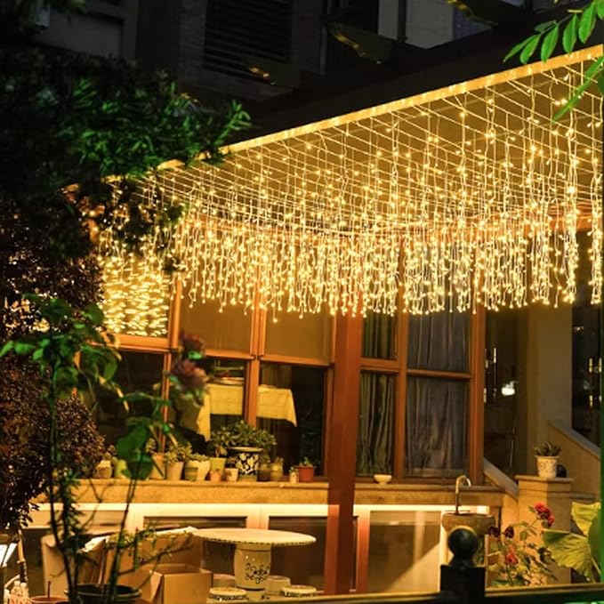 LED Icicle Lights, 8 Modes 19.7FT 150 LEDs Christmas Short Curtain Fairy Hanging Ceiling Extendable Lights for Wedding Balcony Doorway Outdoor Indoor Decoration Warm White, 6M05