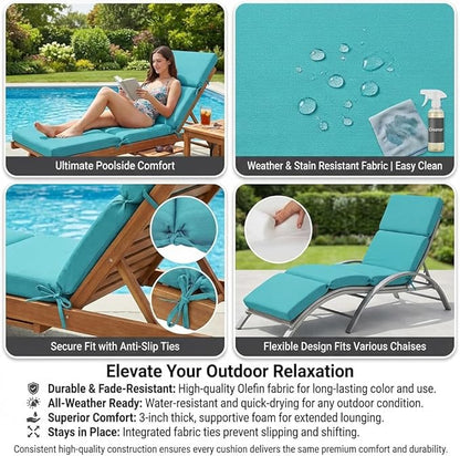 3" Solid Outdoor Lounge Chair Cushion, 74 x 22.5 inch Weather Resistant Chaise Lounge Cushion with 6 Ties for Patio Pool Furniture