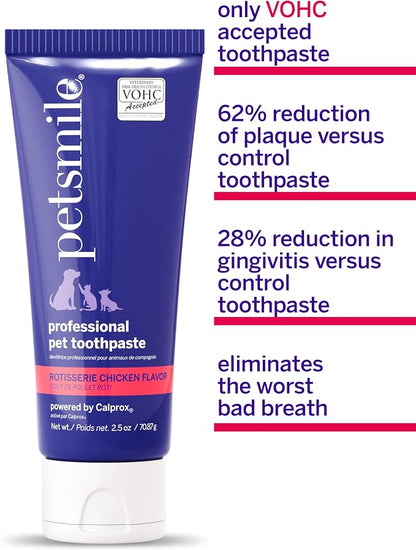 Petsmile Cat + Dog Dental Care Kit, Rotisserie Chicken 2.5 Oz | Toothpaste + 45° Patented Brush, VOHC Accepted, Calprox® Powered, Fights Plaque + Tartar, Remineralizes Teeth, 4-Month Supply