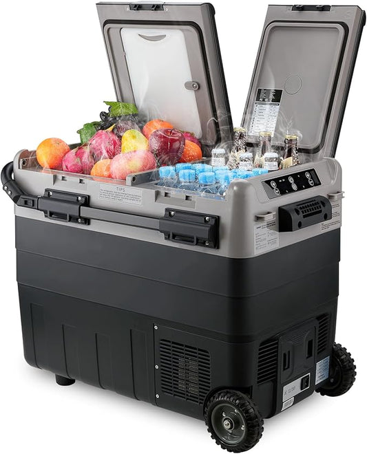 Kohree 12V Car Refrigerator, 53 Quart (50L) Car Fridge for Camping | Electric Cooler with Handle, Wheels, Dual Zone, Dual Door, 4℉-68℉, 12/24V DC, 100-240V AC, Portable Freezer