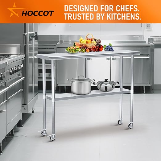 Stainless Steel Table with Wheels 24" x 48" Utility Worktable with Adjustable Undershelf for Commercial Kitchen, Garage, Restaurant
