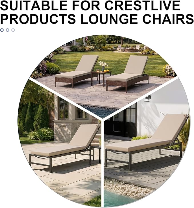 Crestlive Products Waterproof Outdoor Chaise Lounge Cushions Set of 2, Fade Resistant Patio Furniture Lounge Chair Cushion, 72" L x 21" W