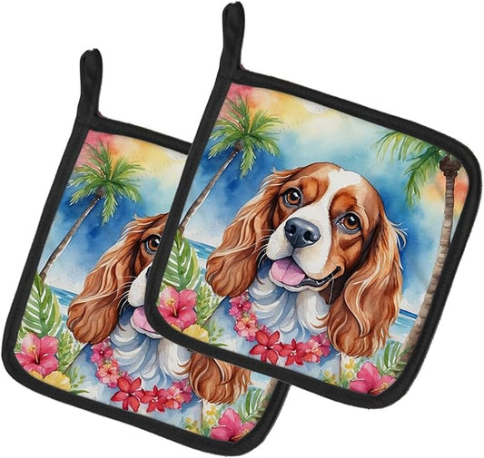 Caroline's Treasures Cavalier Spaniel Luau Pair of Pot Holders Kitchen Heat Resistant Pot Holders Sets Oven Hot Pads for Cooking Baking BBQ, 7 1/2 x 7 1/2