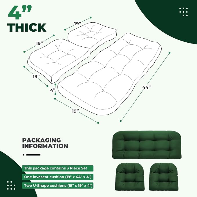 DANGHOOGY Wicker Chair Cushions, Waterproof Outdoor Loveseat Cushions for Patio Furniture, 3 Pieces Wicker Furniture Cushions, 1 Loveseat and 2 U-Shaped Cushions, Green