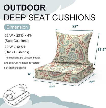DYTXIII Outdoor Deep Seat Cushion Set, Water Repellent 22"x22" Patio Thick Cushions Replacement with Seat & Back Pillow for Patio Sofa, Wicker Chair, Couch - Paisley Vintage