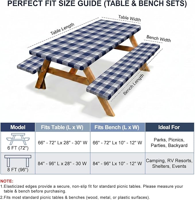Picnic Table Cover with Bench Covers Windproof Waterproof Picnic Table Covers Camping Tablecloth with Self-Storage Bag, 96in, Blue