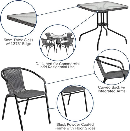 Flash Furniture 5-Piece 28" Square Indoor/Outdoor Patio Table and Chairs Set, Glass Metal Bistro Table and 4 Stacking Rattan Chairs, Gray