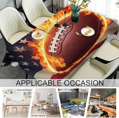 Tablecloth American Flag Football 52 X 70 Inch, Sport Fire Football USA Flag Oblong Table Cloths Anti-Shrink Decorative Table Cover for Kitchen Dinning Tabletop Outdoor Picnic BBQ