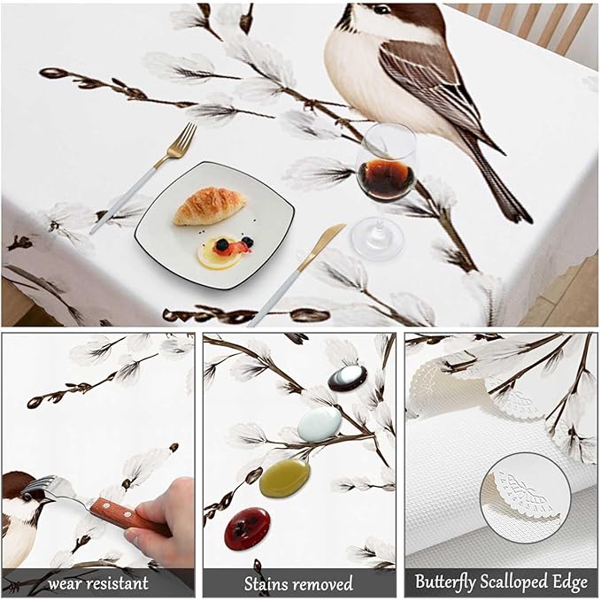 Swono Bird Tablecloth Willow Branches and Birds Chickadee Decorative Oblong Table Cover for Kitchen, Dining, Party Banquet and Holiday Tablecloth, 52x70 Inch(4-6 Seats)