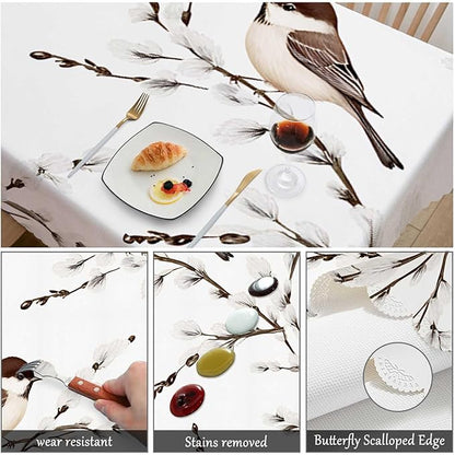 Swono Bird Tablecloth Willow Branches and Birds Chickadee Decorative Oblong Table Cover for Kitchen, Dining, Party Banquet and Holiday Tablecloth, 52x70 Inch(4-6 Seats)