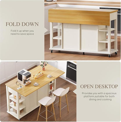 DWVO Kitchen Island with Drop Leaf, Tilt Out Trash Can Cabinet, Mobile Storage Islands with Power Outlet, Americana Rolling Island Table on Wheels with Open Shelves for Dining Room, Off White
