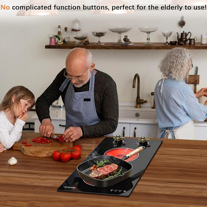Karinear 110V Electric Cooktop 2 Burners Electric Stove 12 Inch Knob Control Countertop & Built-in Ceramic Cooktop, 9 Heating Level, Hot Warning, Over-Temperature Protection(Gold Knob)
