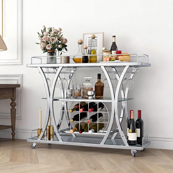 Silver Bar Carts with Glass Holders & Wine Rack, 3 Tier Home Bar Serving Carts with Glass Shelves, Metal Rolling Bar Carts for The Home Kitchen, Party