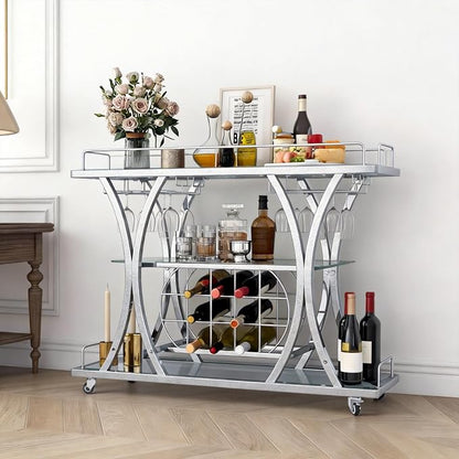 Silver Bar Carts with Glass Holders & Wine Rack, 3 Tier Home Bar Serving Carts with Glass Shelves, Metal Rolling Bar Carts for The Home Kitchen, Party