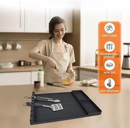 Full-Size Silicone Griddle Mat for Flat Top Grills, Heat Resistant Spatula Holder with Grease Drip Pan, Outdoor Cooking Counter Protector, Black